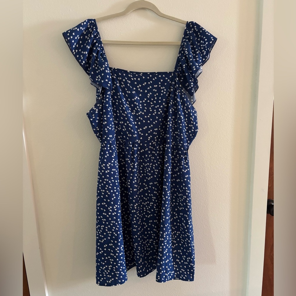 Blue Dress with Flutter Sleeve and White Heart Pattern
